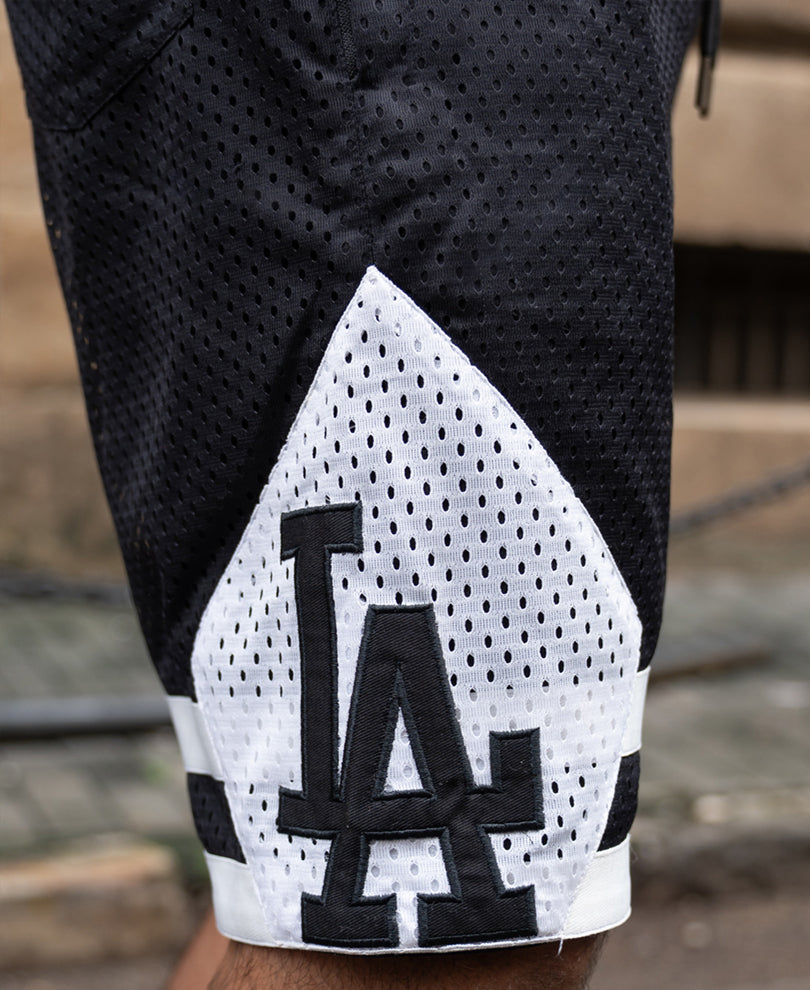 Black Contrast Embroidered Mesh Shorts.