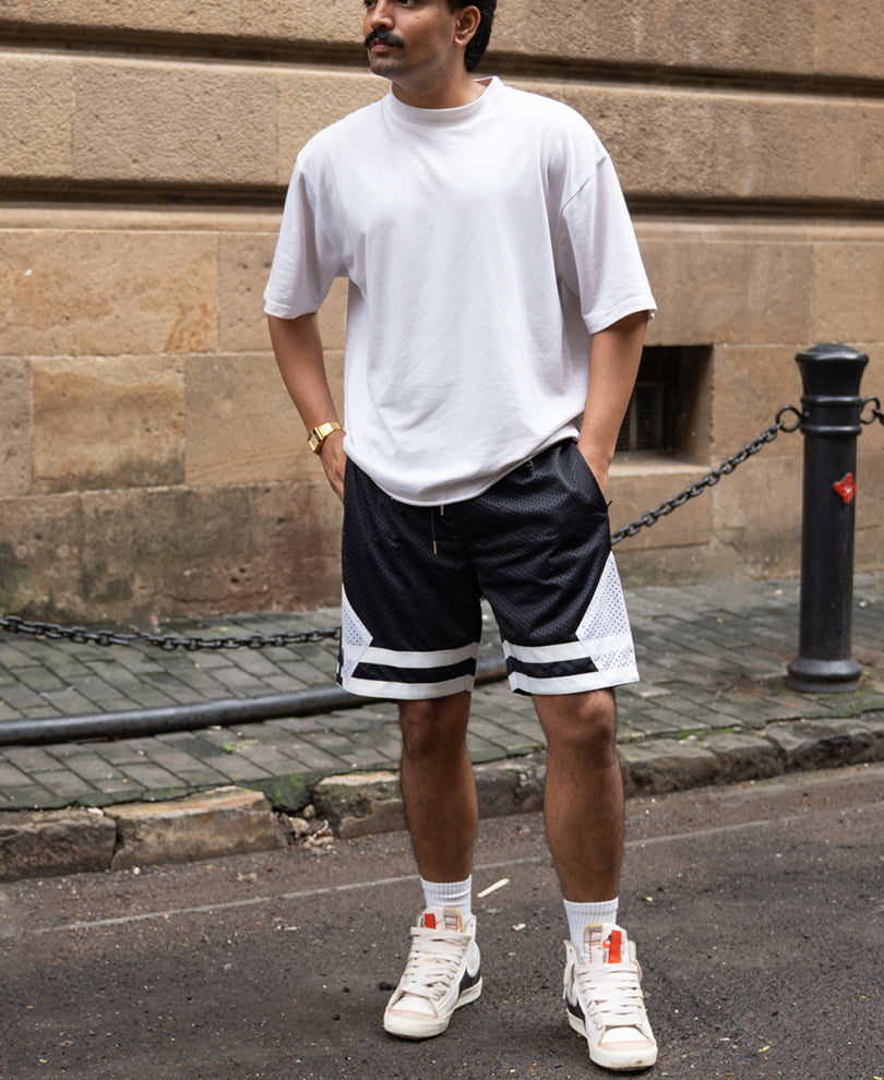 Black Contrast Embroidered Mesh Shorts.
