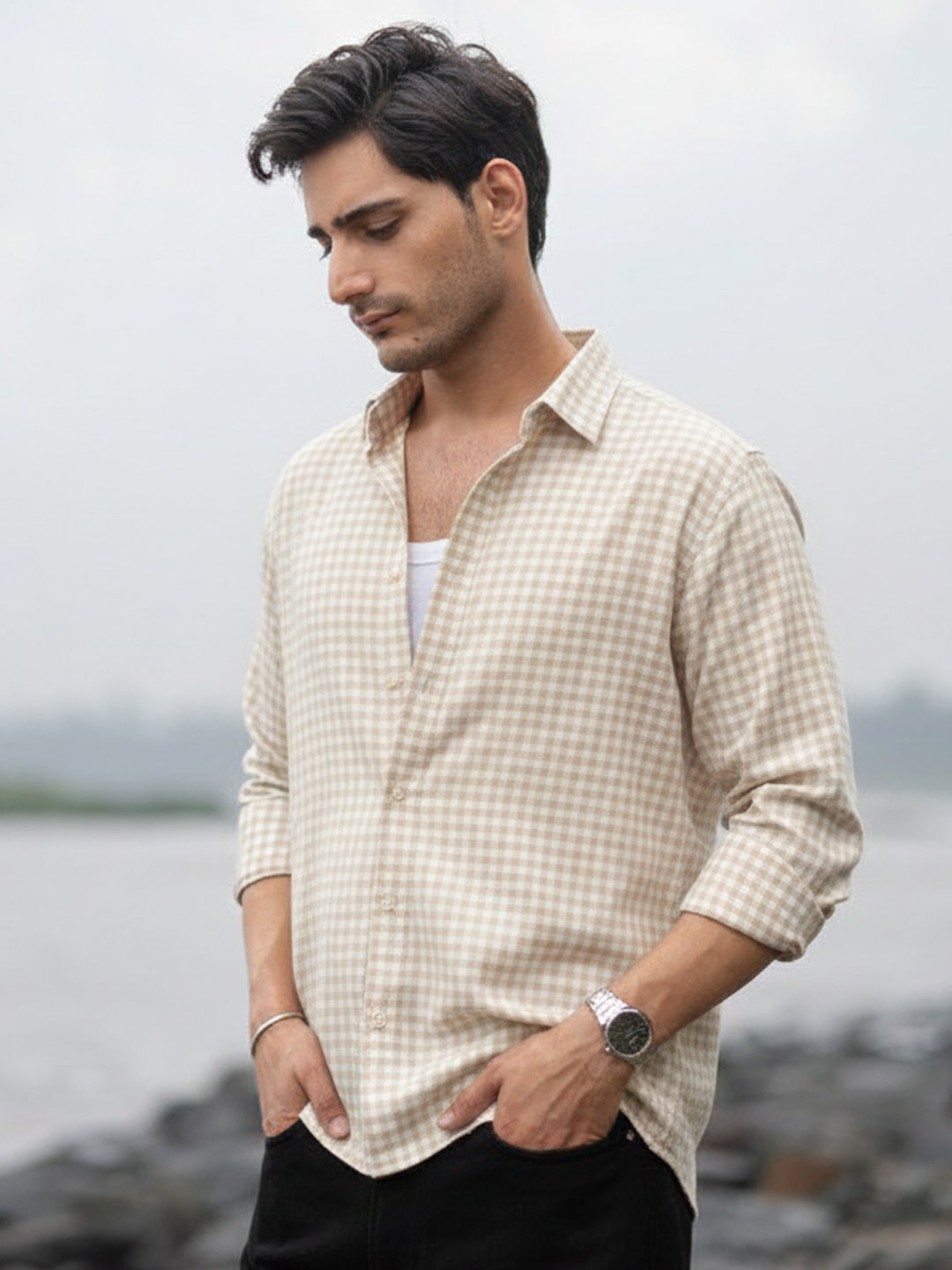 Beige  Checks Shirt.