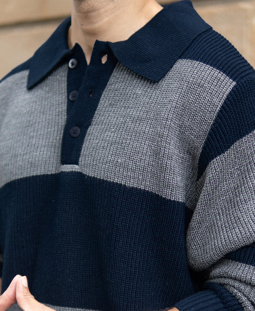 Grey And Navy Knit Striped Polo T-Shirt.