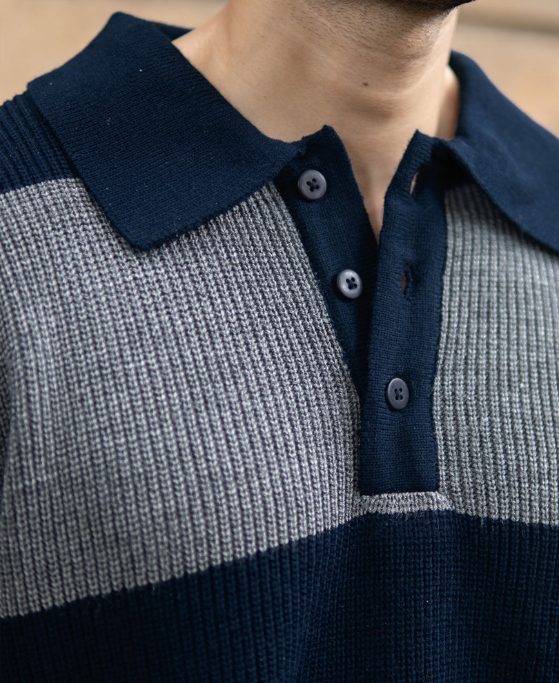 Grey And Navy Knit Striped Polo T-Shirt.