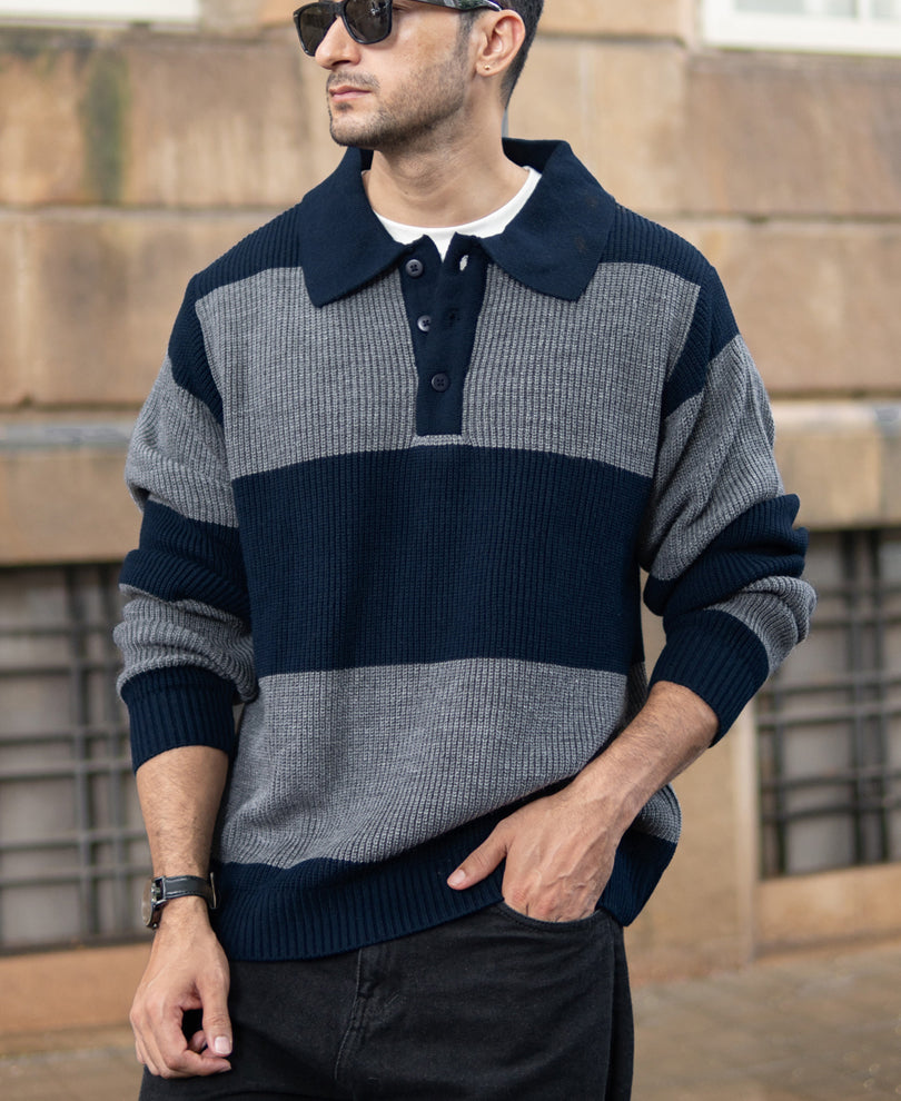 Grey And Navy Knit Striped Polo T-Shirt.