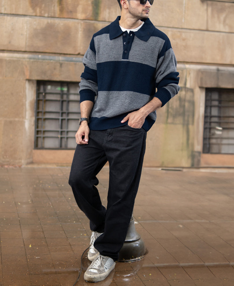 Grey And Navy Knit Striped Polo T-Shirt.