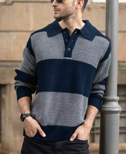 Grey And Navy Knit Striped Polo T-Shirt.
