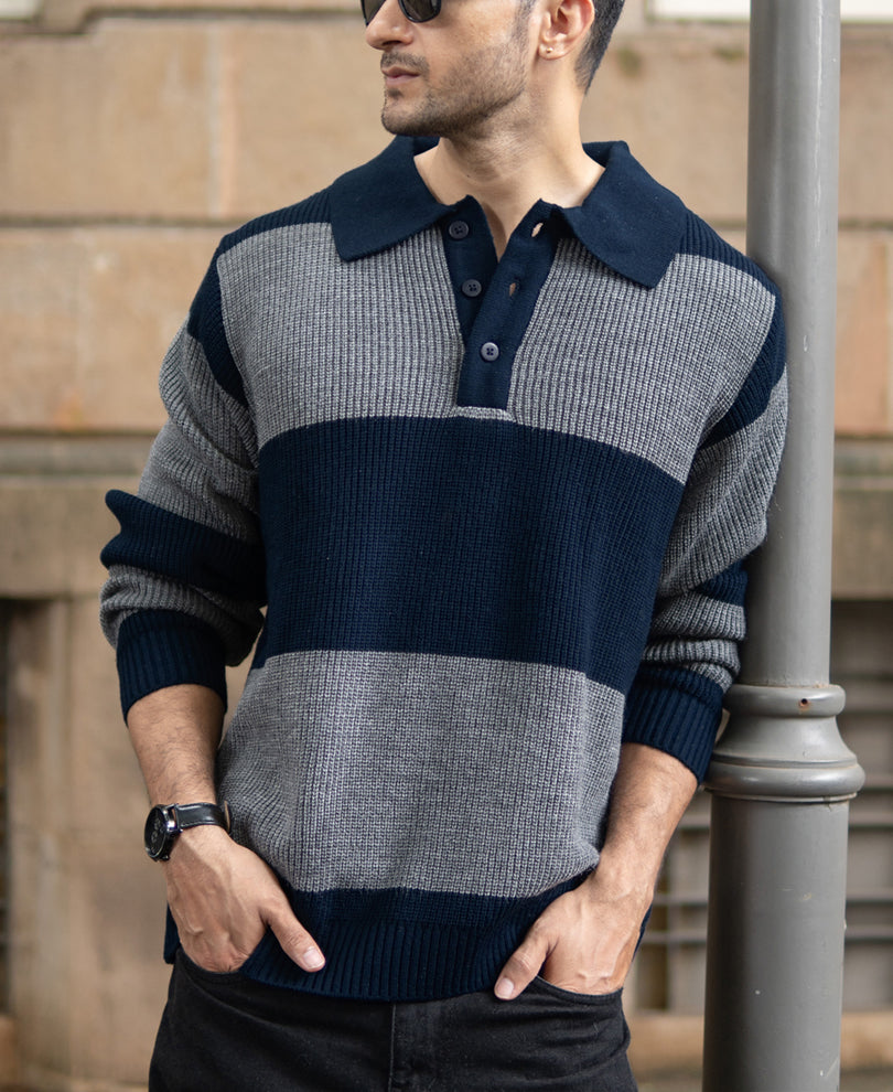 Grey And Navy Knit Striped Polo T-Shirt.