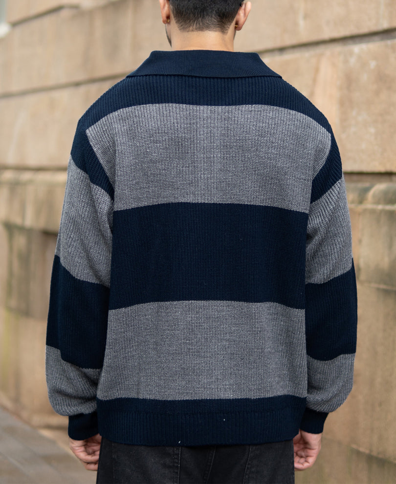 Grey And Navy Knit Striped Polo T-Shirt.