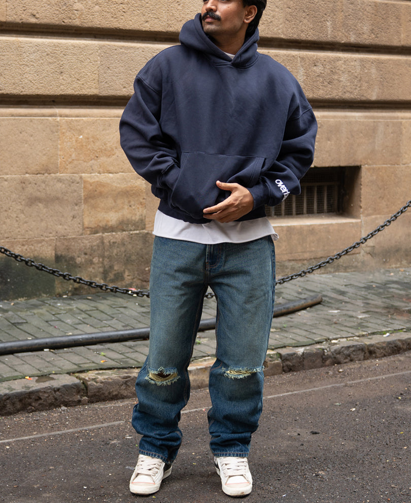 Dark Blue Distressed Baggy Jeans.