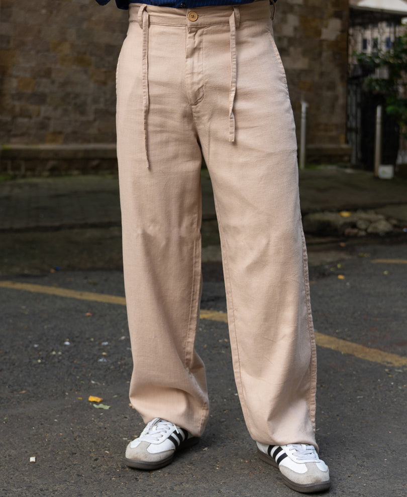 Beige Structured Cotton Trouser.