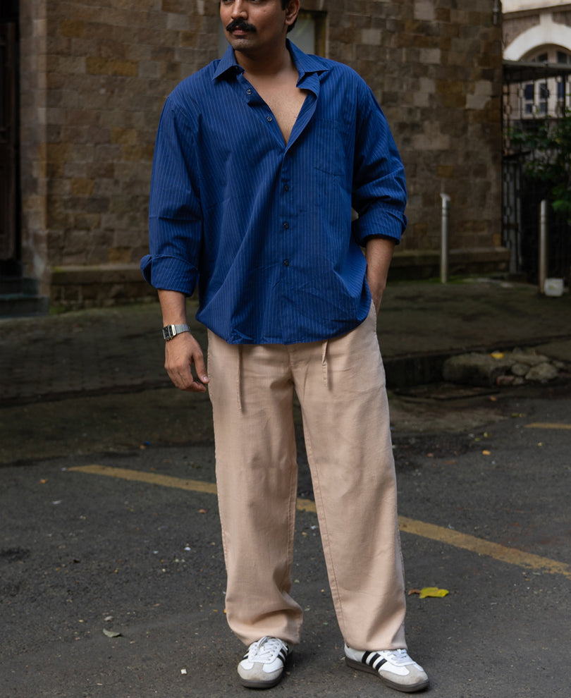 Beige Structured Cotton Trouser.