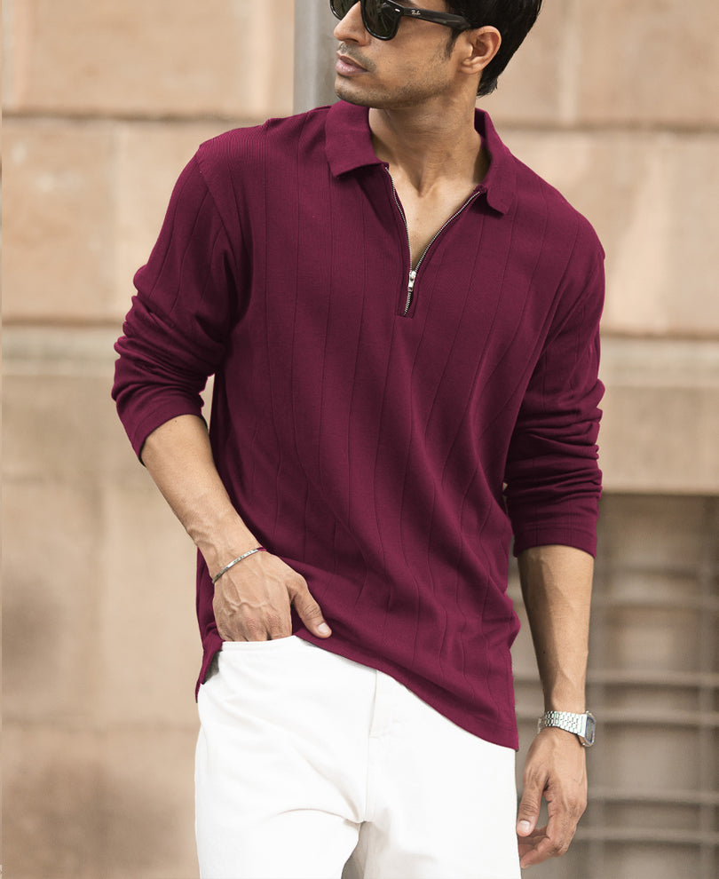 Wine Knitted Zipper Polo T-Shirt.