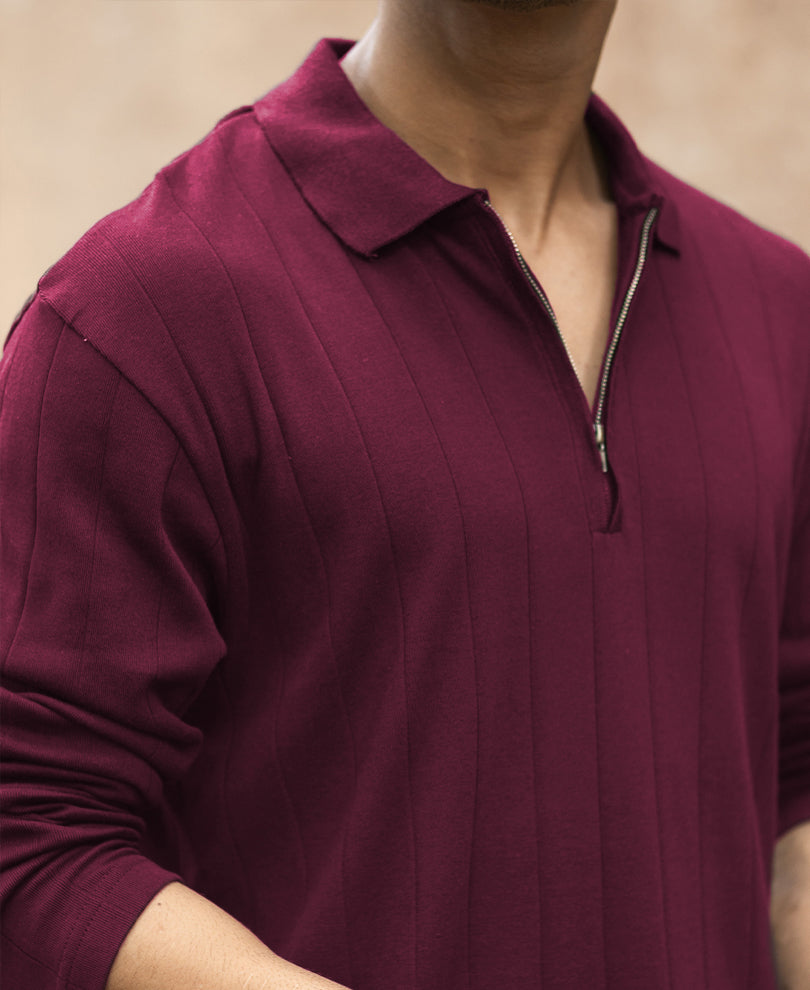 Wine Knitted Zipper Polo T-Shirt.