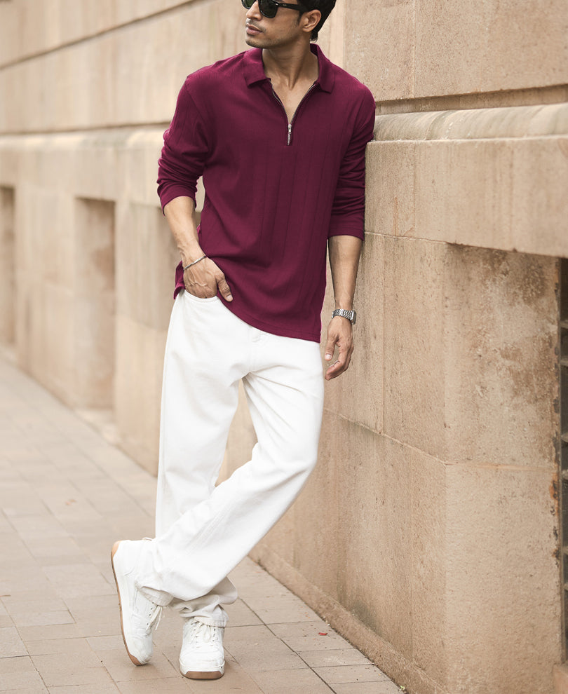 Wine Knitted Zipper Polo T-Shirt.
