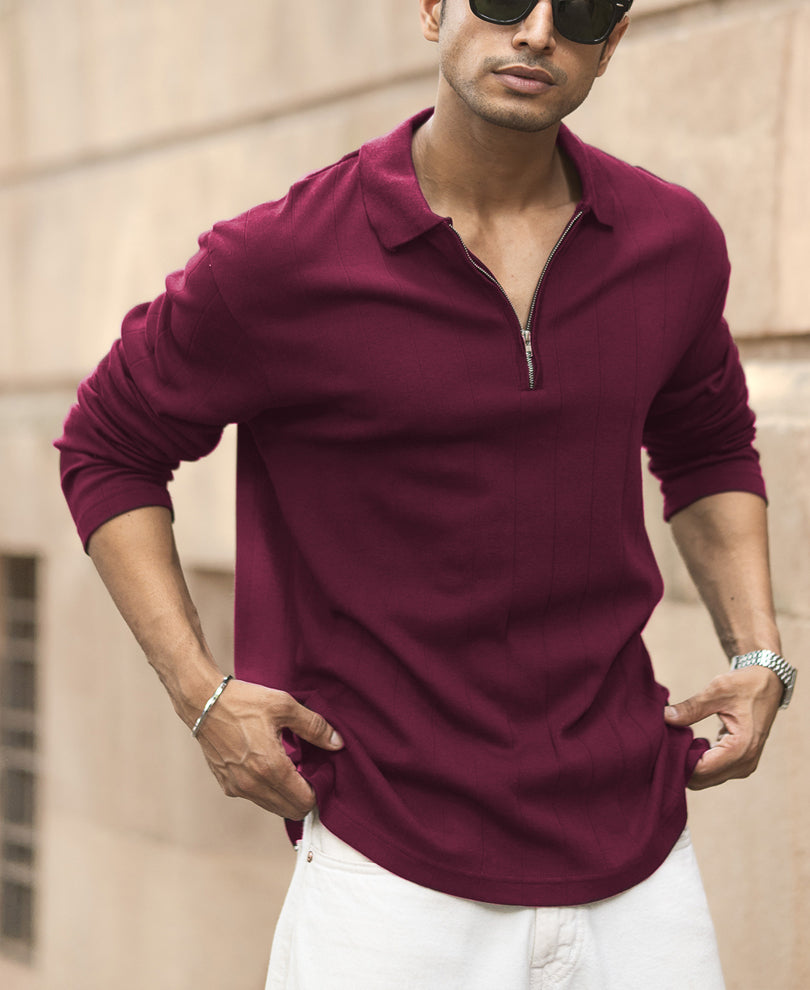 Wine Knitted Zipper Polo T-Shirt.