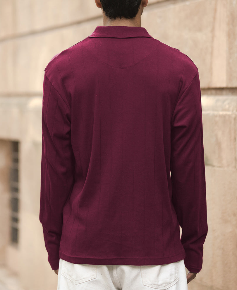 Wine Knitted Zipper Polo T-Shirt.