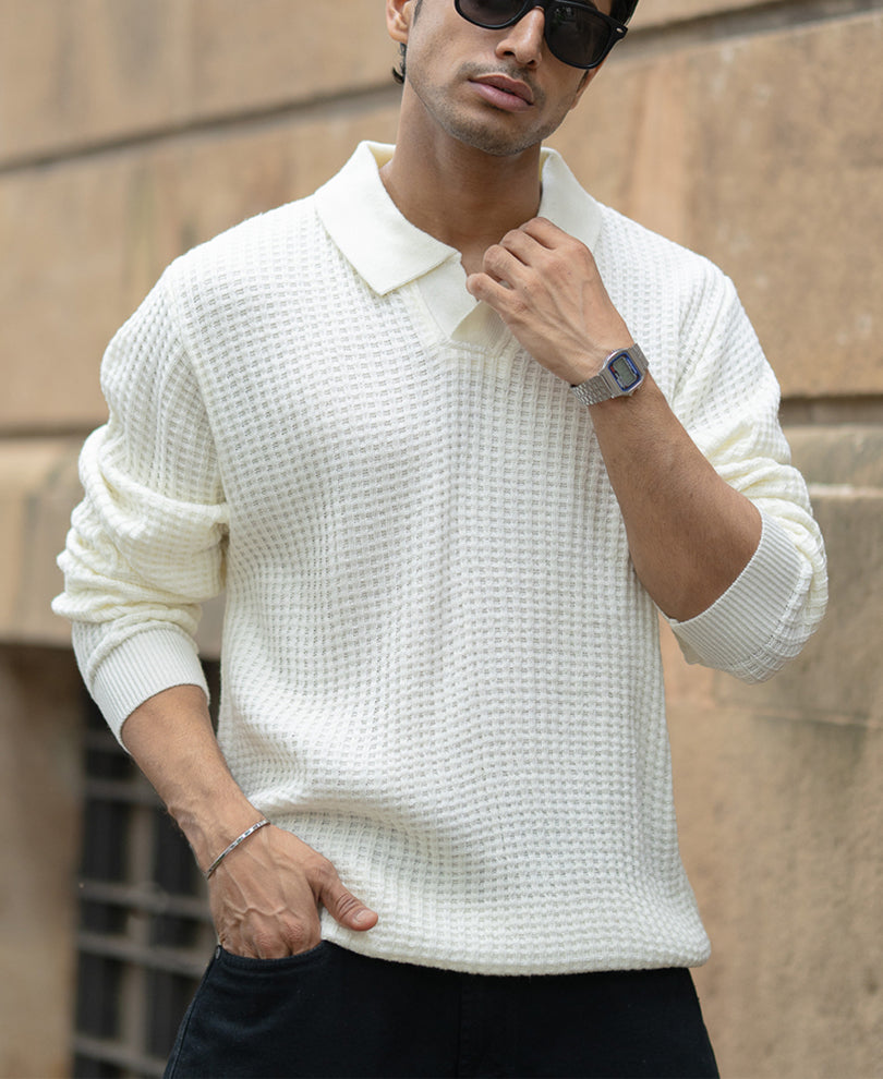 Off White Knit Polo Neck T-Shirt.