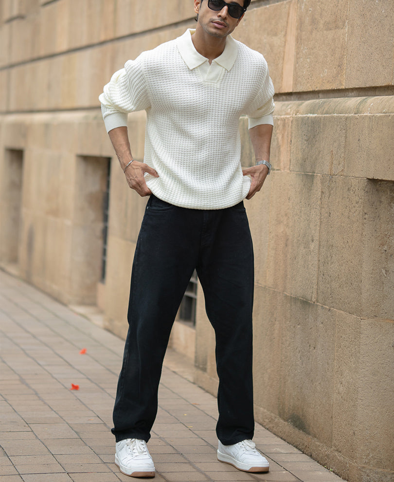 Off White Knit Polo Neck T-Shirt.