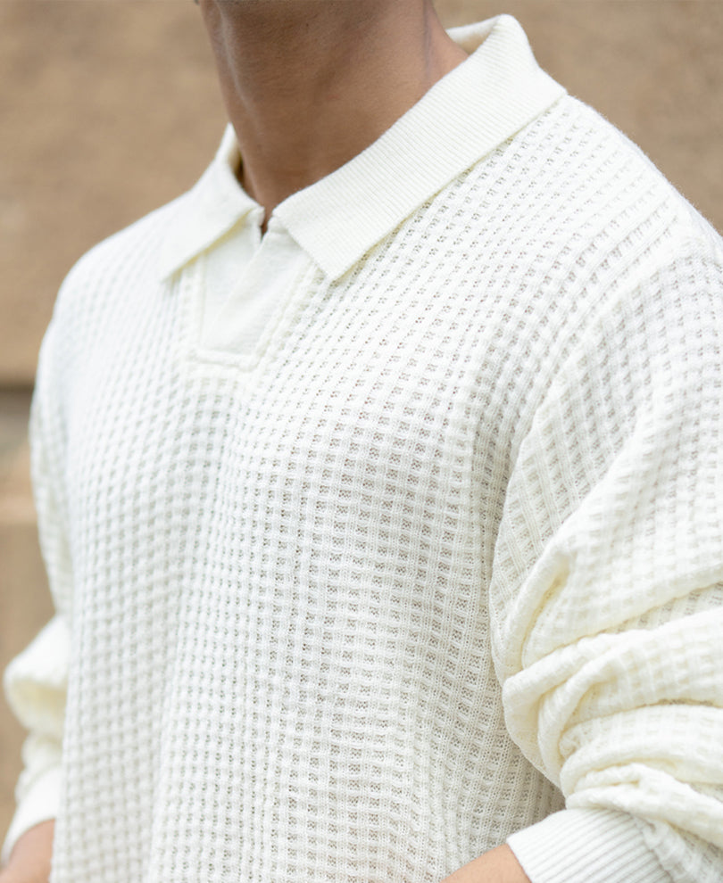 Off White Knit Polo Neck T-Shirt.
