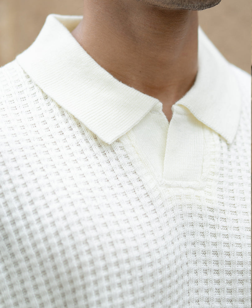 Off White Knit Polo Neck T-Shirt.