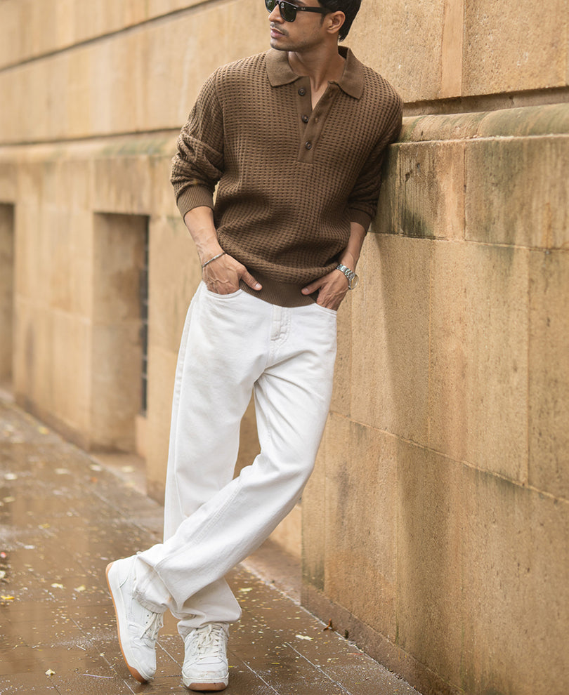 Dark Tan Structured Knit Polo T-Shirt.