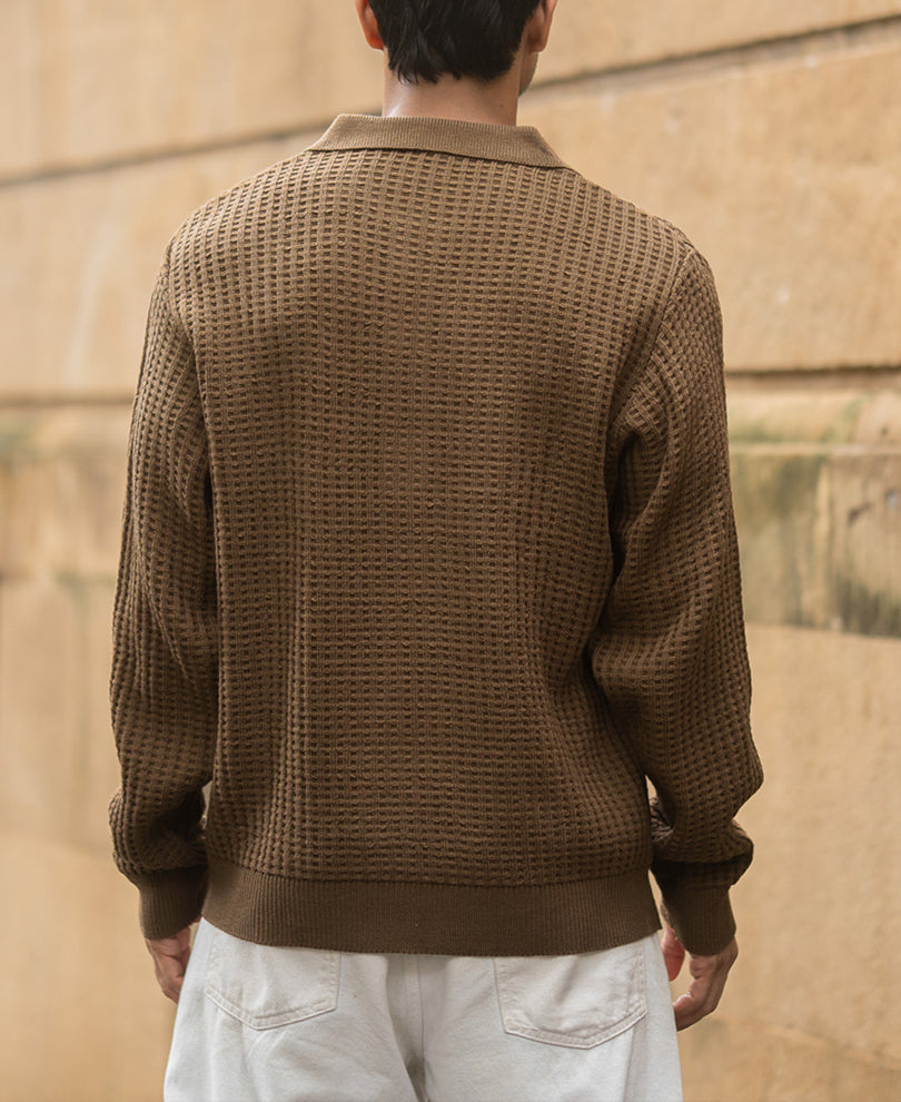 Dark Tan Structured Knit Polo T-Shirt.