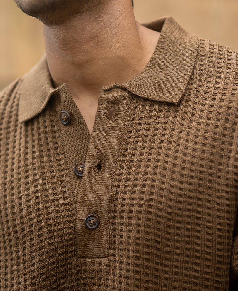 Dark Tan Structured Knit Polo T-Shirt.