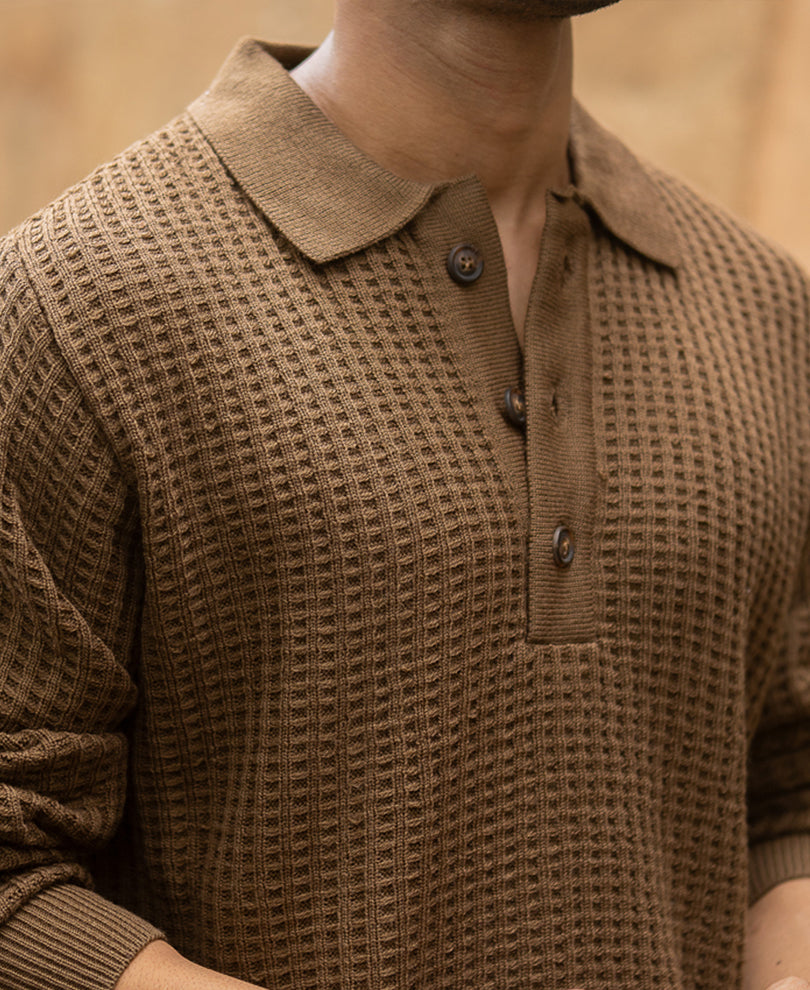 Dark Tan Structured Knit Polo T-Shirt.