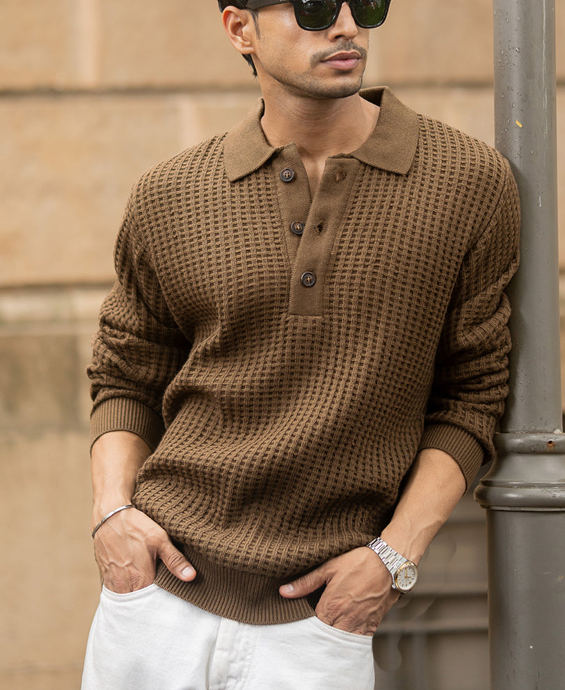 Dark Tan Structured Knit Polo T-Shirt.