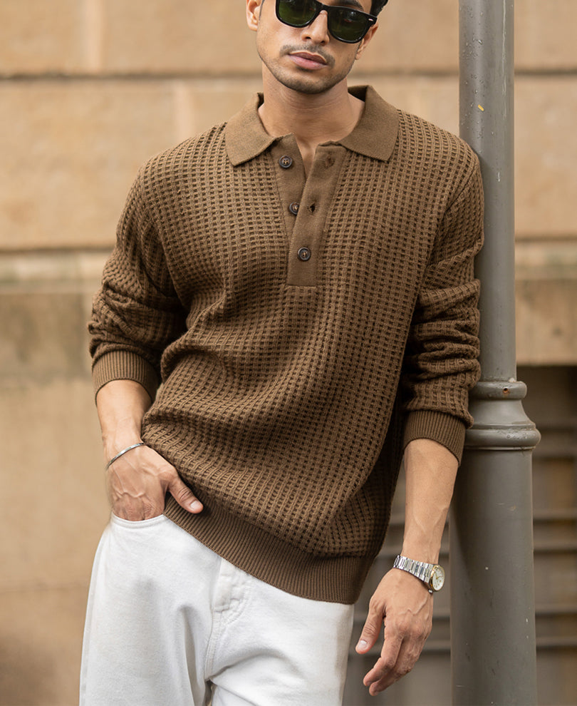 Dark Tan Structured Knit Polo T-Shirt.