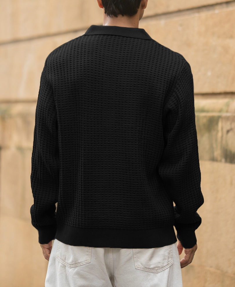 Black Structured Knit Polo T-Shirt.
