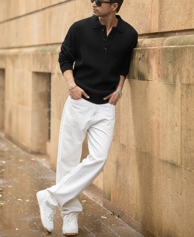 Black Structured Knit Polo T-Shirt.