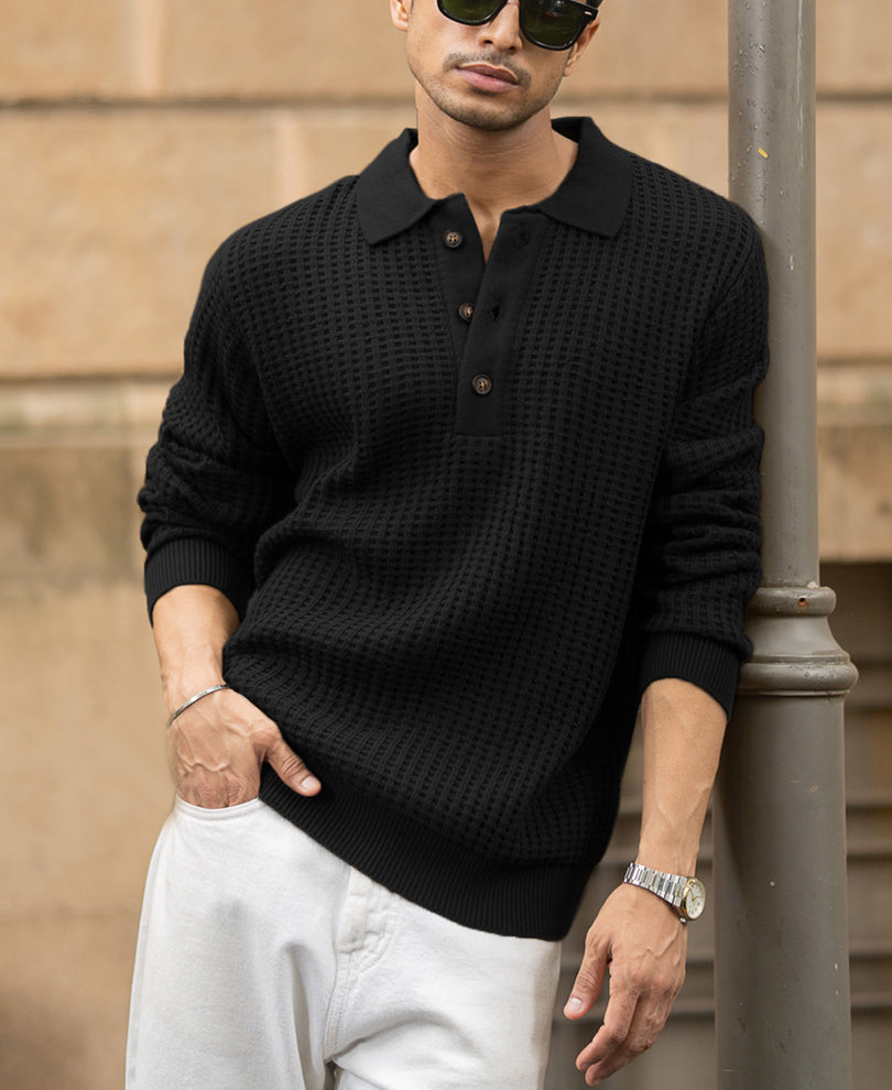 Black Structured Knit Polo T-Shirt.