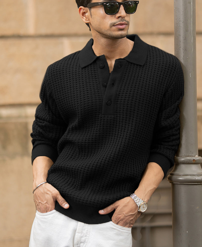 Black Structured Knit Polo T-Shirt.