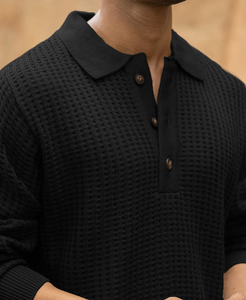 Black Structured Knit Polo T-Shirt.