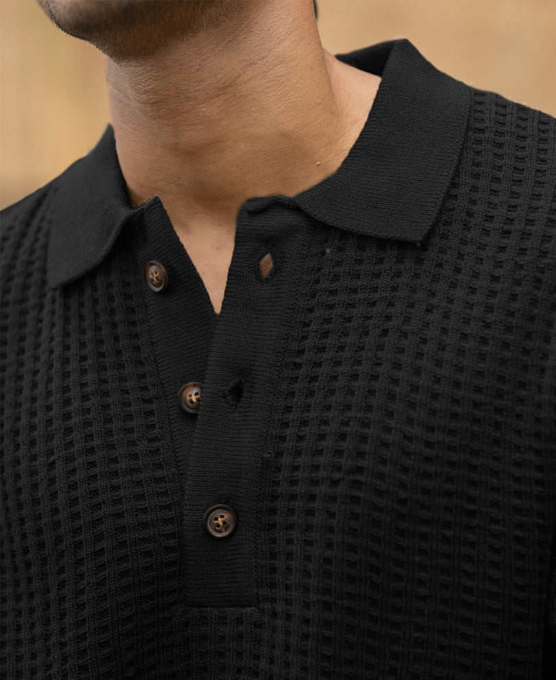 Black Structured Knit Polo T-Shirt.