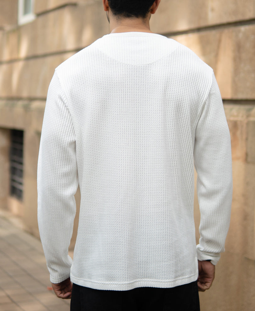 White Knitted Henley T-Shirt.
