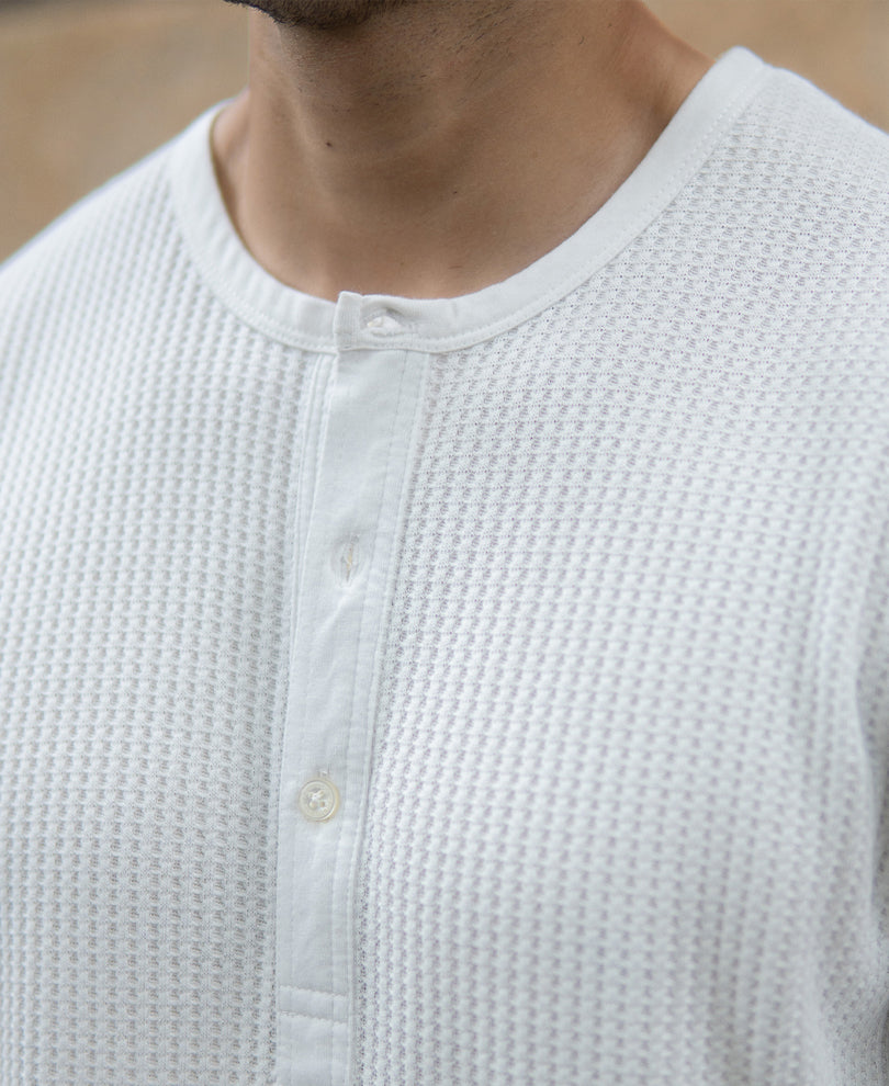 White Knitted Henley T-Shirt.