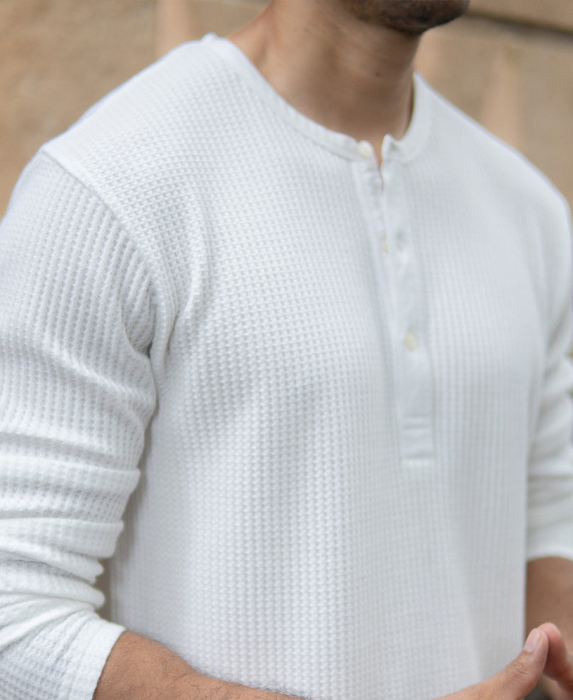White Knitted Henley T-Shirt.