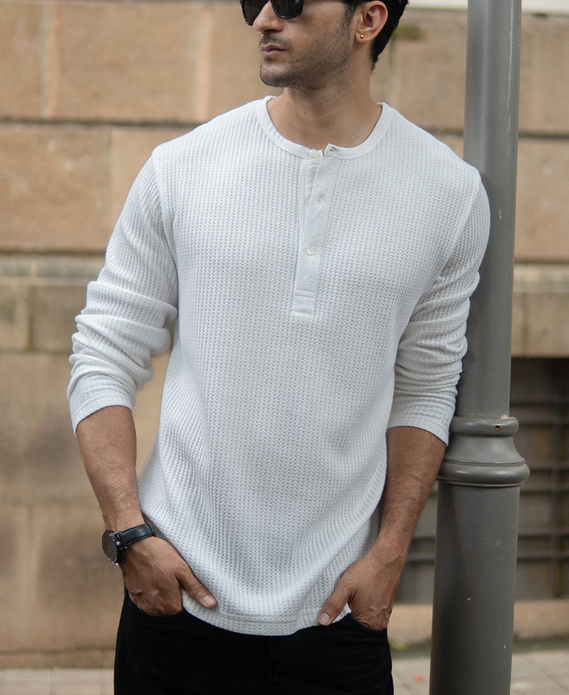 White Knitted Henley T-Shirt.