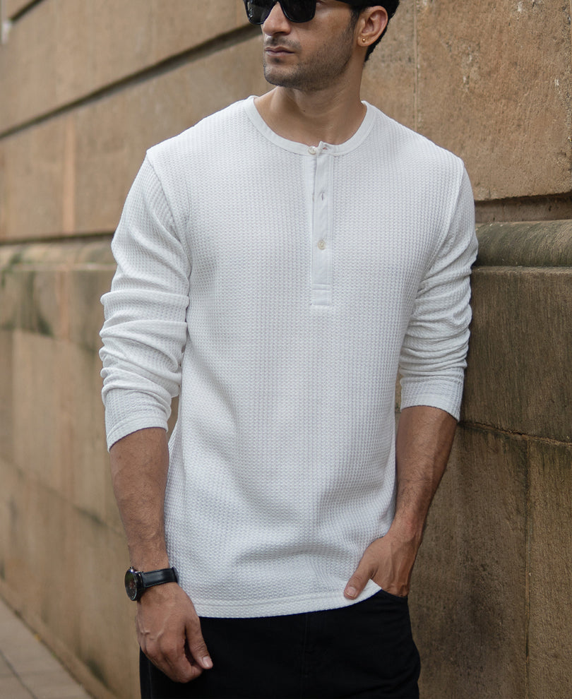 White Knitted Henley T-Shirt.