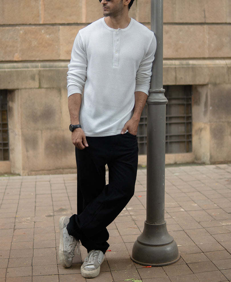 White Knitted Henley T-Shirt.