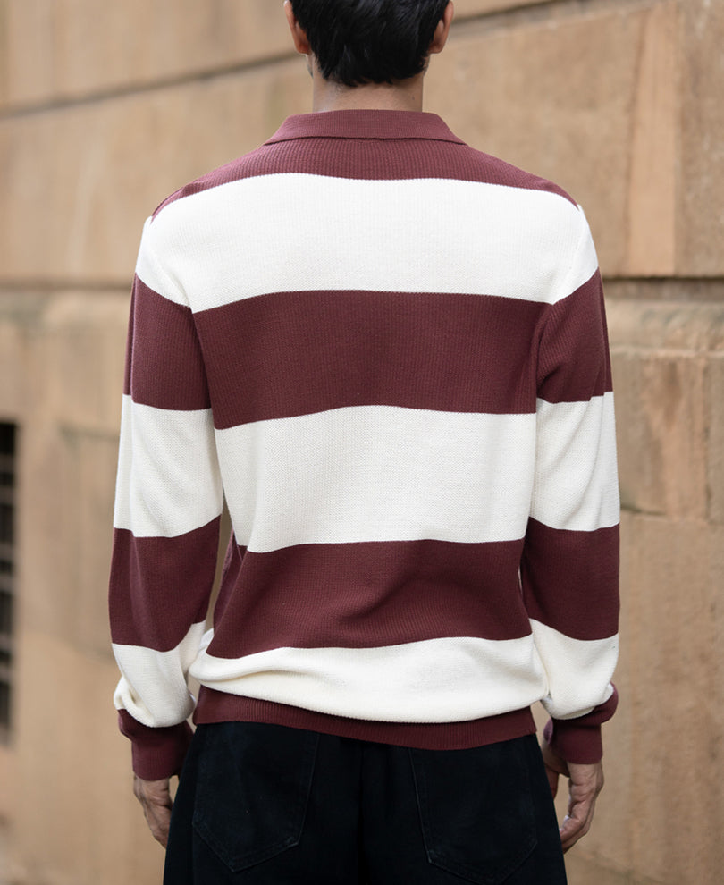 Brown Knit Striped Zipper T-Shirt.
