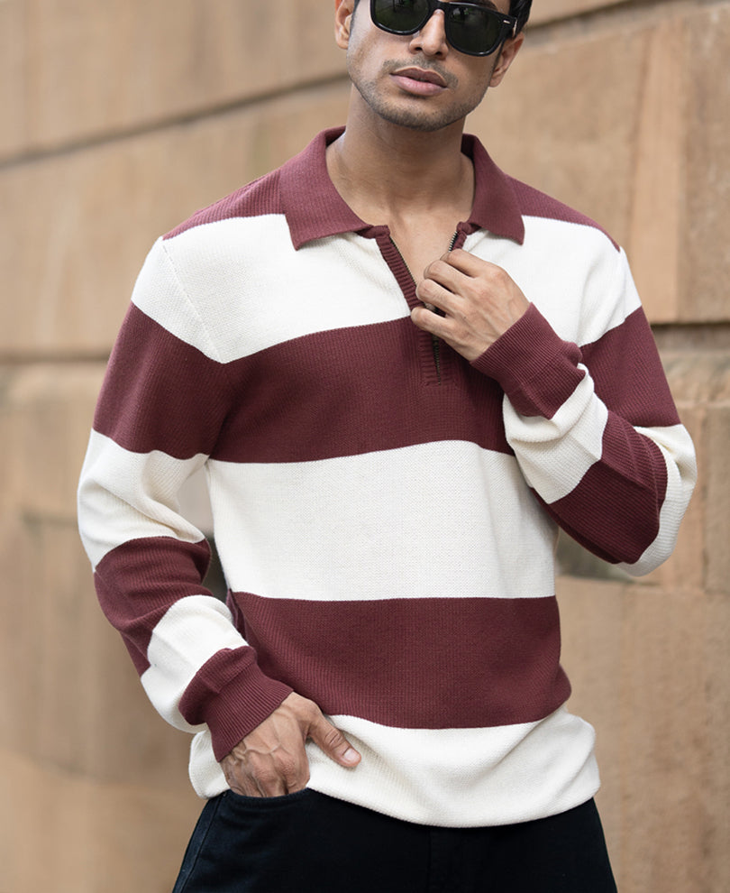 Brown Knit Striped Zipper T-Shirt.