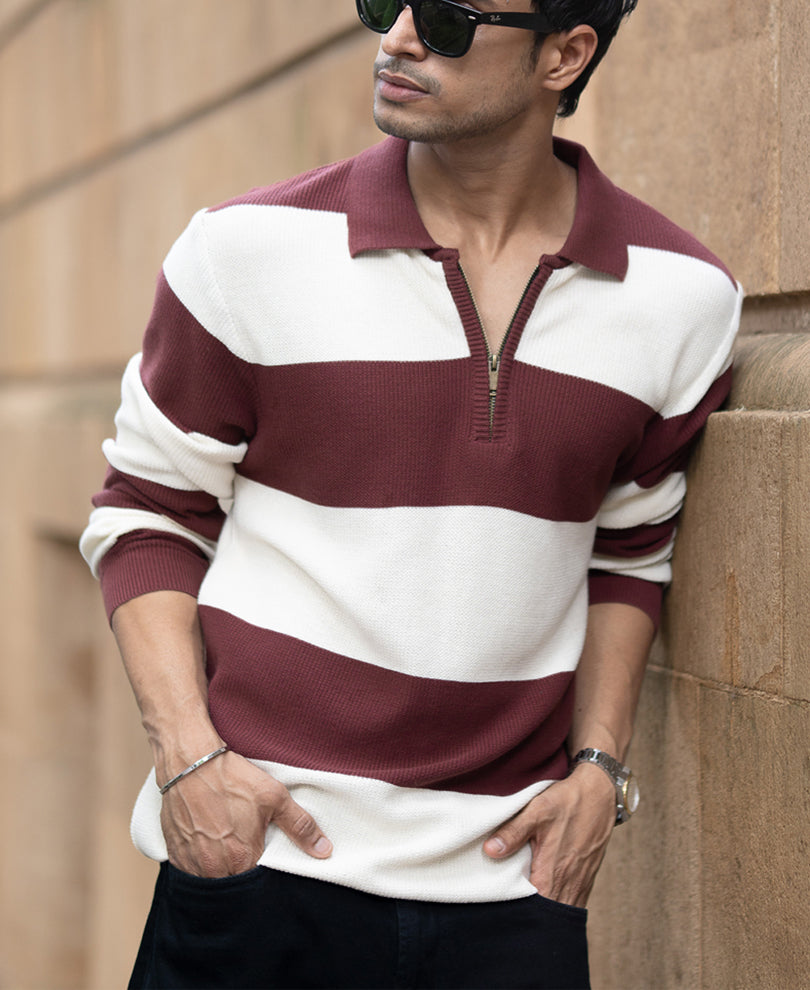 Brown Knit Striped Zipper T-Shirt.