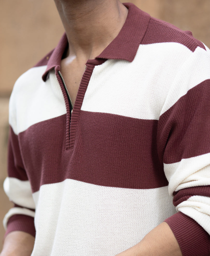 Brown Knit Striped Zipper T-Shirt.