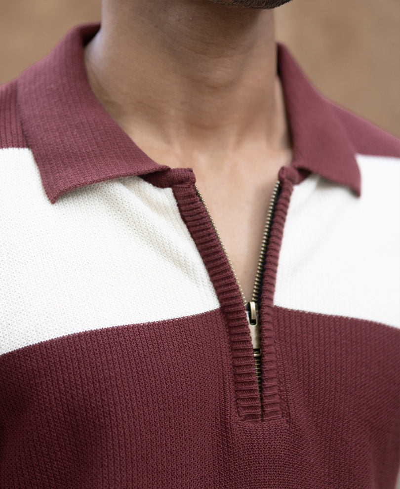 Brown Knit Striped Zipper T-Shirt.