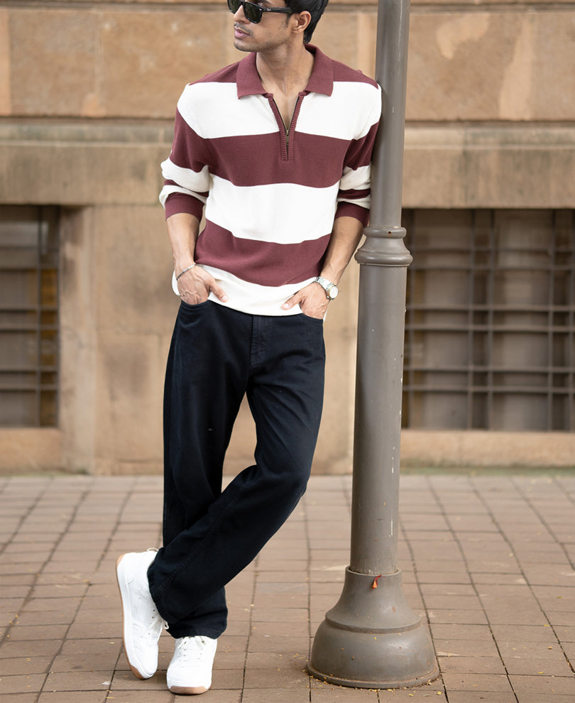 Brown Knit Striped Zipper T-Shirt.