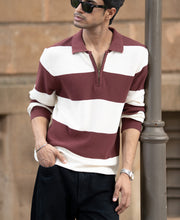 Brown Knit Striped Zipper T-Shirt.