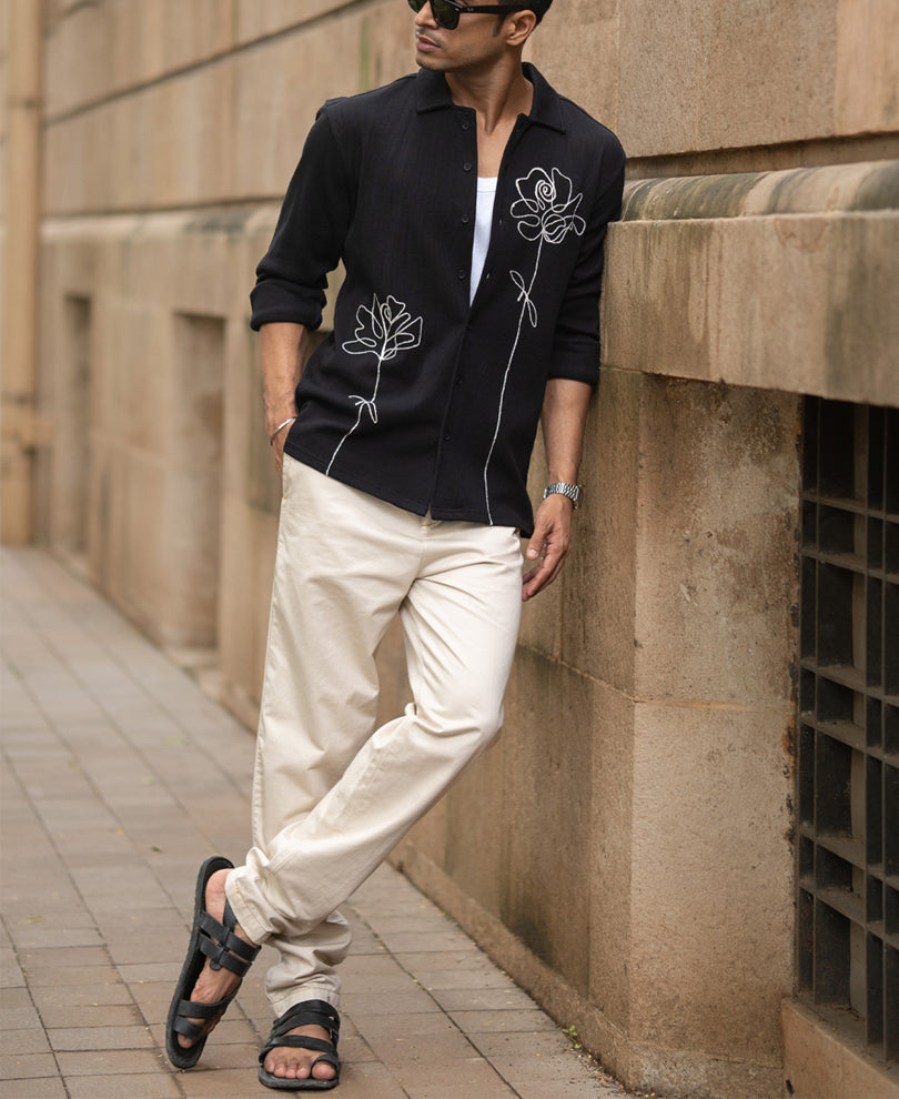 Black Knitted Embroidery Shirt.