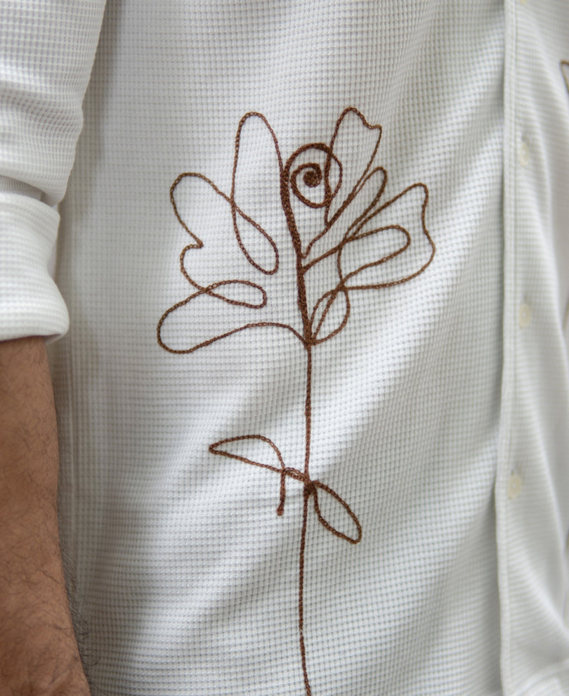 Off White Knitted Embroidery Shirt.