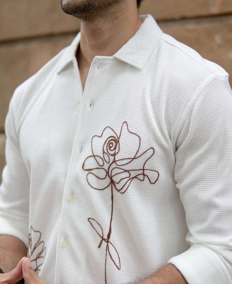 Off White Knitted Embroidery Shirt.